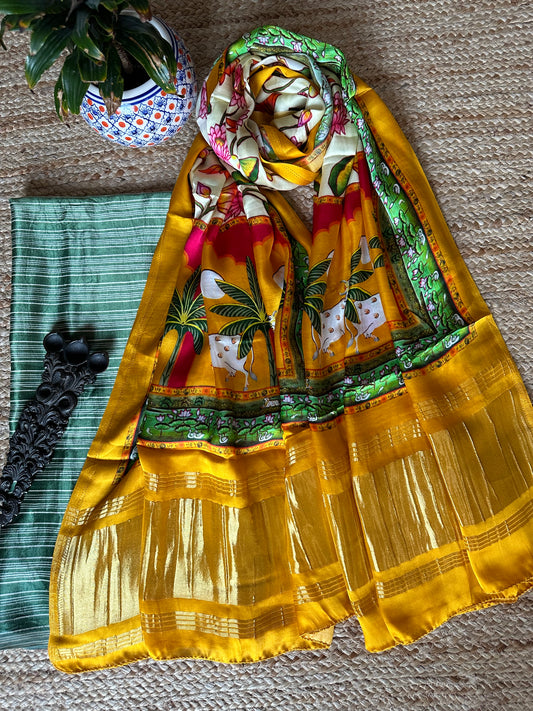 GREEN  MASHRU  SILK KURTA WITH PATOLA HANDCRAFTED MODAL SILK DUPATTAS