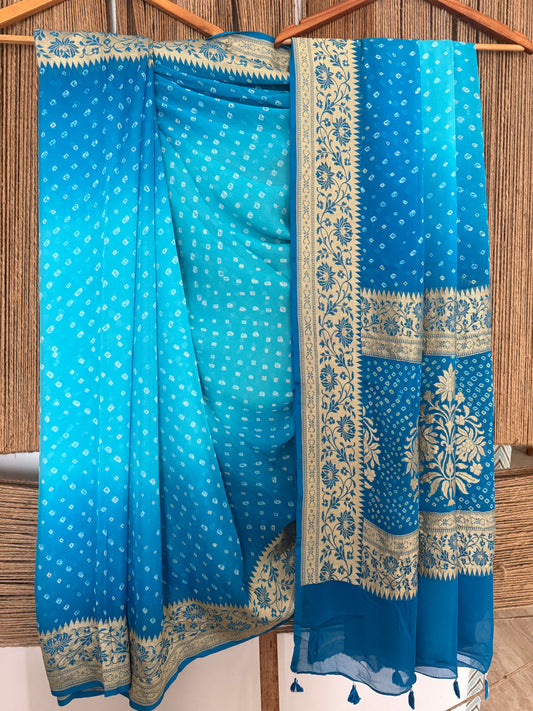 Ocean & Baby Blue Ombré Shade handwoven neem zari bareek bandhani with khaddi georgette Sari