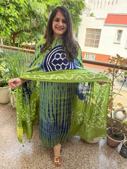 Green & Blue Modal Silk Shibori Kurta with Bandhani Shibori  handcrafted Modal Silk Dupatta