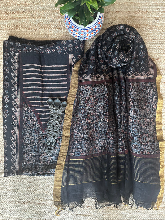 BLACK AJRAKH  LINEN SILK HANDBLOCK SUIT SET