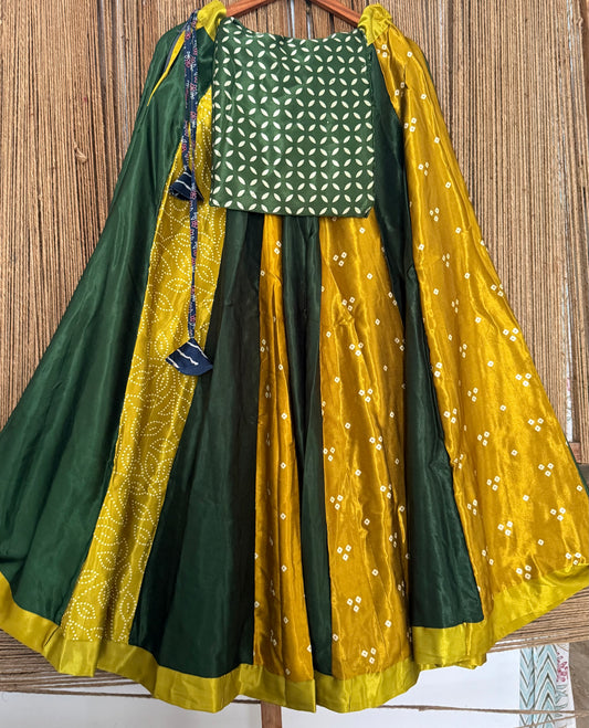 Green mashru silk blouse-with Multicolour patchwork  handcrafted mashru silk Skirt