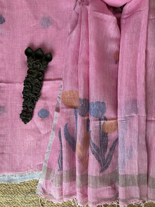 BABY PINK JAMDANI LINEN  KURTA SET LJS-1054