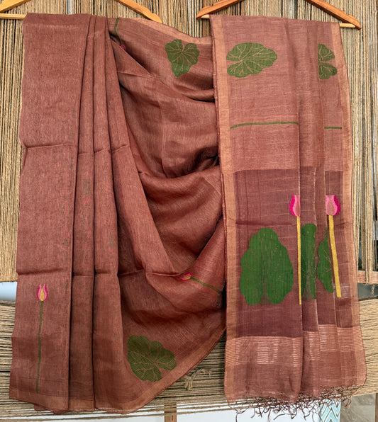 COPPER BROWN COPPER TISSUE LINEN JAMDANI HANDWOVEN SARI WITH ELEGANT WOVEN MOTIFS