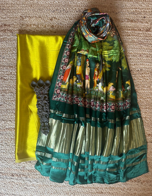 MUSTARD YELLOW SOLID MASHRU SILK KURTA WITH PATOLA HANDCRAFTED MODAL SILK DUPATTA