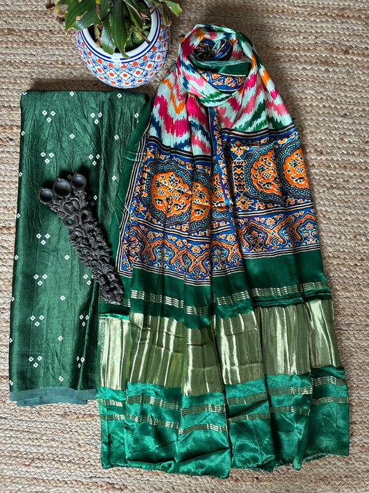 GREEN THREE DOTS MASHRU SILK KURTA WITH PATOLA HANDCRAFTED MODAL SILK DUPATTA PS-208