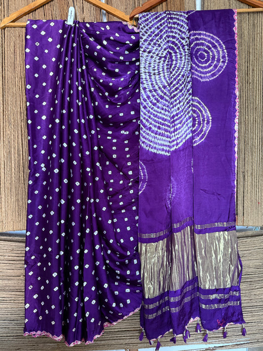PURPLE MODAL SILK HANDKNOTTED   BANDHANI SHIBORI SARI bss-8