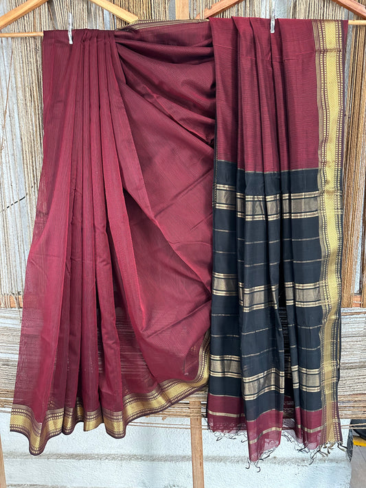 Beautiful Pure Maheshwari Silk Maroon Black saree