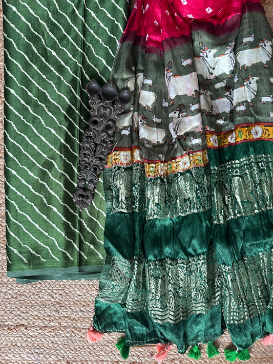 GREEN LEHERIYA MASHRU SILK KURTA WITH BANDHANI PICHWAI HANDCRAFTED  MODAL SILK DUPATTAS PS- 10171