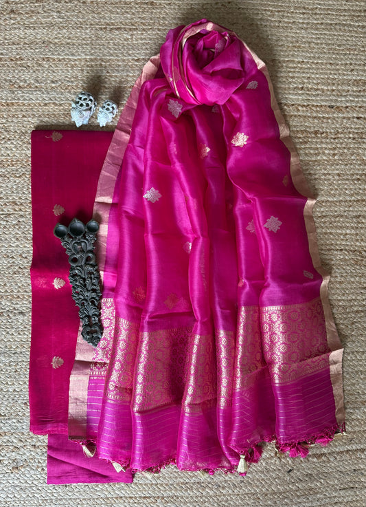 Fuchsia Pink Kora silk  certified handloom Banarsi Booti three piece suit