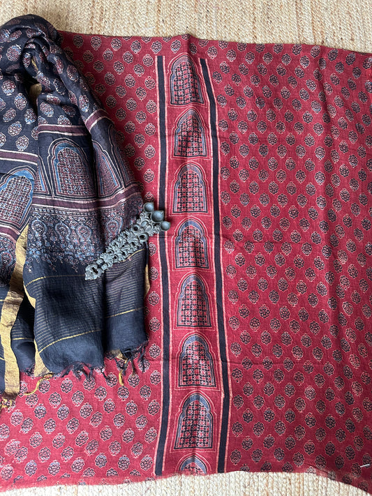MAROON RED PANEL AJRAKH LINEN HANDBLOCK SUIT SET AL-1078