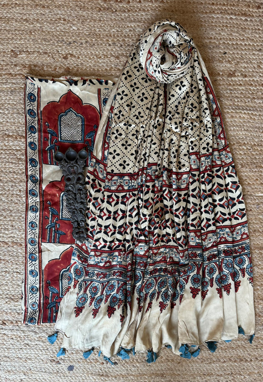 BEIGE AJRAKH MODAL SILK HANDBLOCK KURTA SET