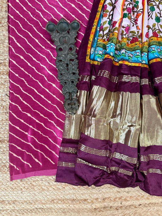 Purple leheriya mashru silk kurta with  patola pichwai handcrafted modalsilk dupatta
