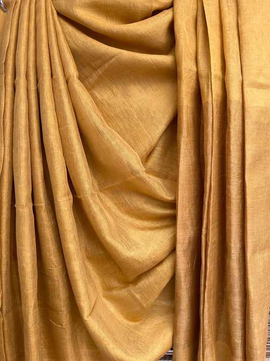 MUSTARD YELLOW TISSUE LINEN ZARI SARI WITH WOVEN YELLOW BORDER TASSELS