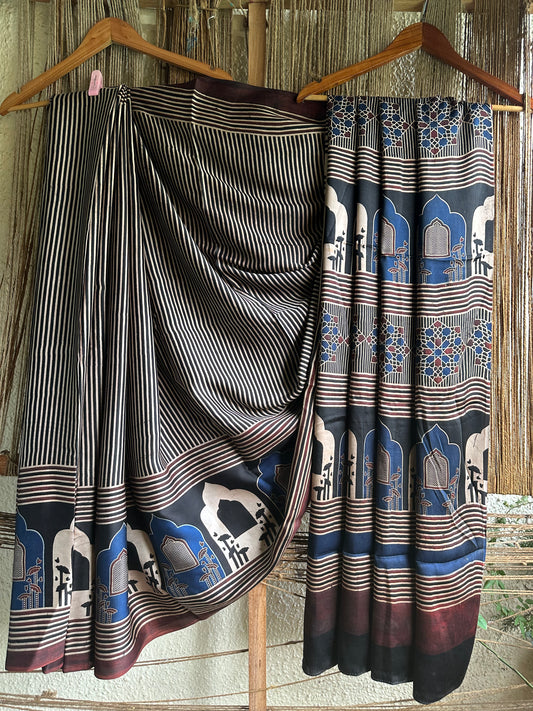 BLACK CONTEMPRORAY AJRAKH MODAL SILK SARI