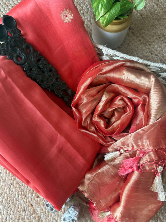 Peach pink kora silk certified handloom banarsi kadwa booti three piece suit