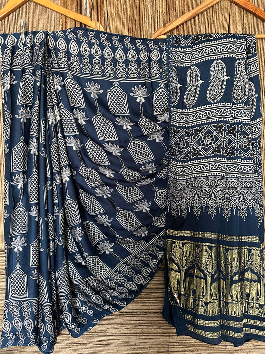 BLUE AJRAKH PRINT  MODAL SILK SARI WITH ZARI BORDER