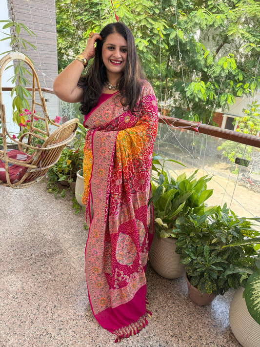 Pink & Yellow dual shade Handwoven Rai  Bareek Bandhani Saree Meenakari Jaal with Khaddi Georgette  Mks-4