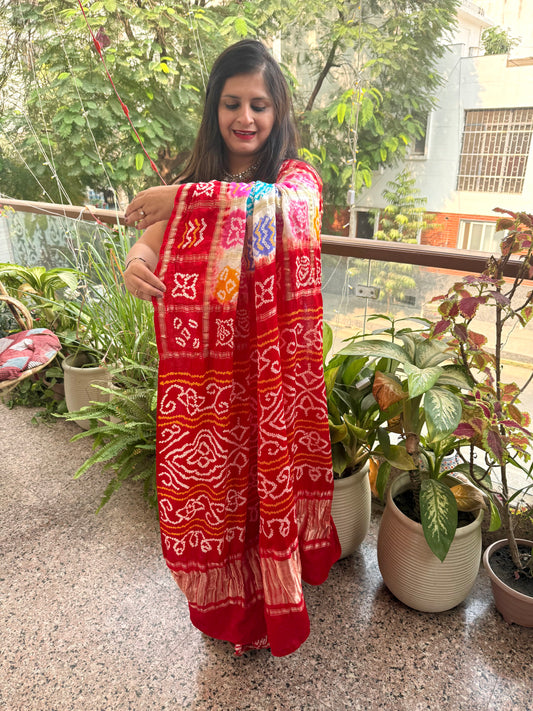 RED & MULTI COLOUR GAJJI SILK GHARCHOLA RAI BANDHANI GAJJI SARI  BS- 2017