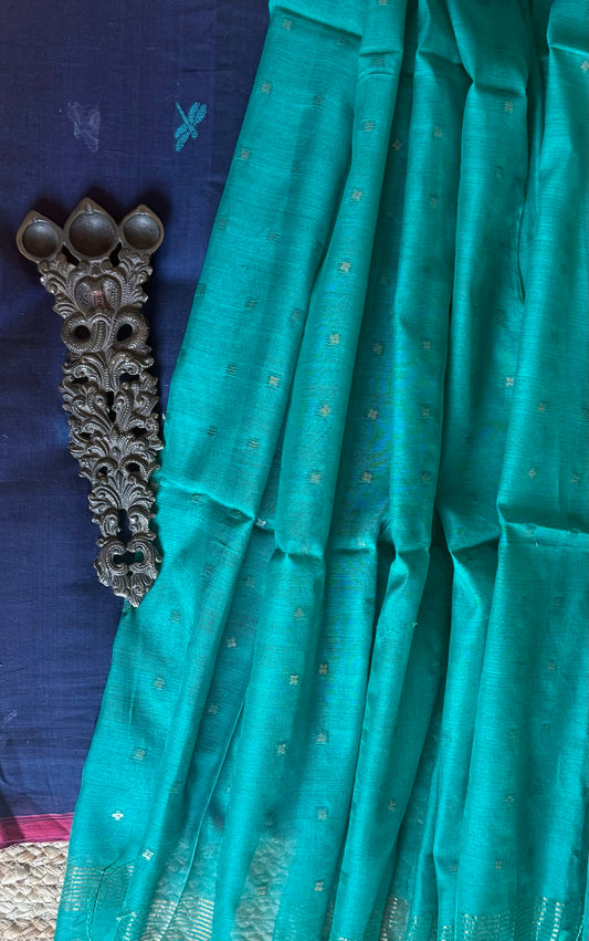 NAVY BLUE JAMDANI  HAND WOVEN MULL COTTON KURTA WITH SEQUENCE DUPATTA