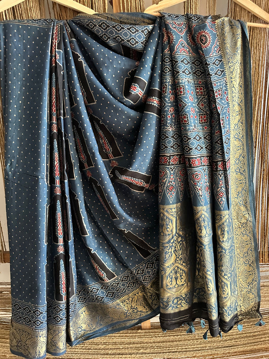 INDIGO BLACK DOLA  SILK AJRAKH ZARI BORDER SARI