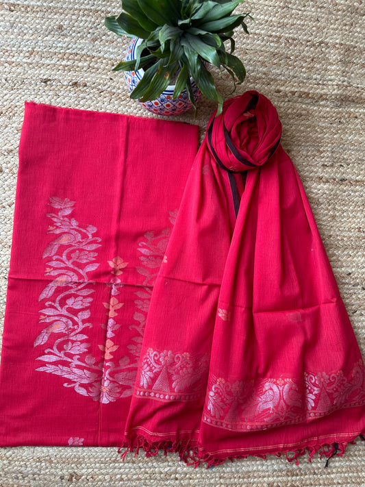 MAGENTA PINK JAMDANI WOVEN MULL KURTA SET