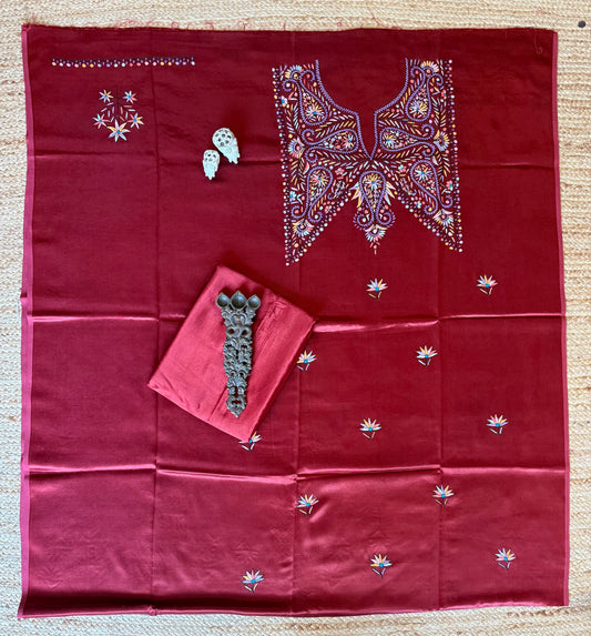 MAROON MASHRU SILK HAND EMBROIDERY KASHMIRI HANDEMBROIDERY SOZNI WORK CORD SET Cs- 30