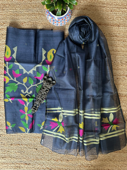 BLACK HANDWOVEN JAMDANI PURE MUSLIN SILK KURTA SET MJK-67