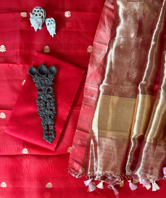 Crimson Red Kora silk certified handloom Banarsi kadwa Booti three piece suit   CBS-55