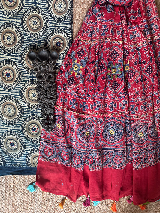 BLUE AJRAKH HANDBLOCK AND HAND EMBROIDERY KURTA WITH  AJRAKH HAND EMBROIDERY DUPATTA