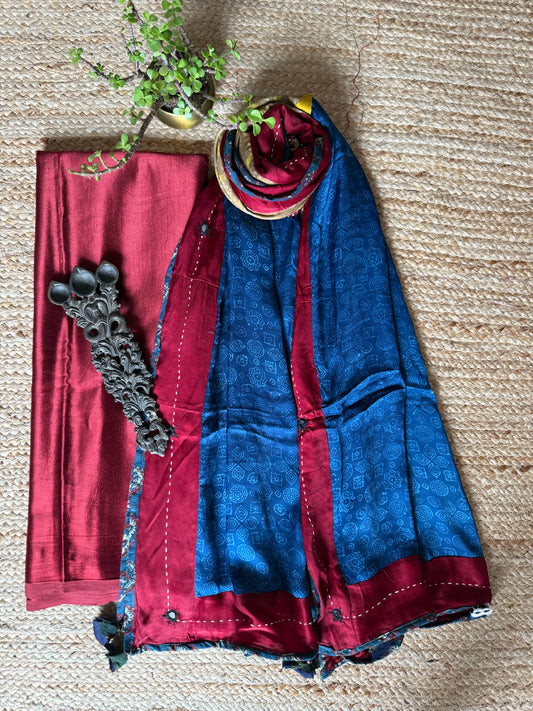 MAROON MASHRU SILK KURTA WITH AJRAKH PATCHWORK  HANDCRAFTED  MODAL SILK DUPATTA PWK-10