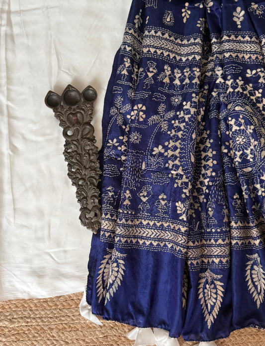 White Modal silk kurta with Berry Blue kantha work hand embroidery  Pure Bangalore Silk dupatta
