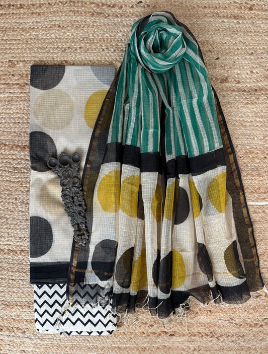 Beige Pulka kota handblock suit set