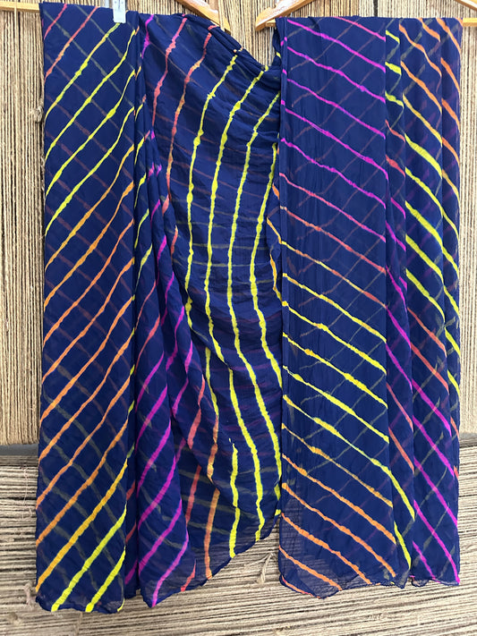 NAVY BLUE MULTI LEHERIYA HANDCRAFTED  CHIFFON SARI CL -1047