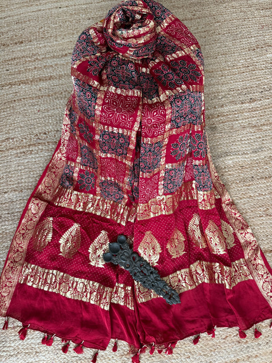 CRIMSON RED  MODAL SILK AJRAKH HANDCRAFTED GHARCHOLA DUPATTA WITH AJRAKH PRINT IN NAKSHI BORDER