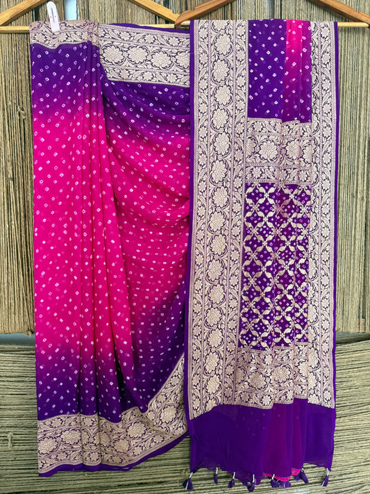 Purple & Deep pink  Ombré Shade Handwoven Neem Zari Bareek Bandhani Saree with Khaddi Georgette BS- 302