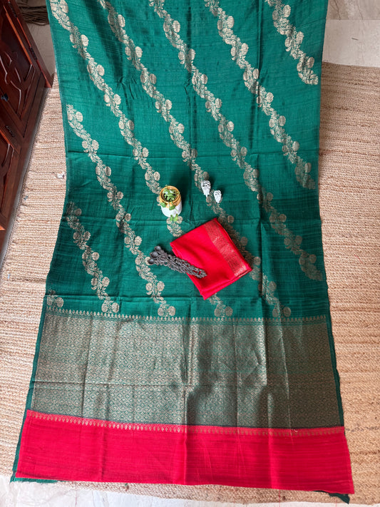 Bottle green raw silk certified  handloom banarsi sari with woven zari