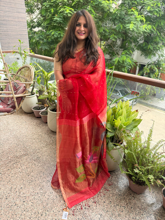 Cherry Red Jamdani sequence work handwoven pure muslin silk sari With Matka Silk Blouse Piece