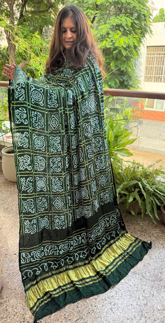 Forest Green rai bandhani gajji silk Handcrafted Gharchola dupatta