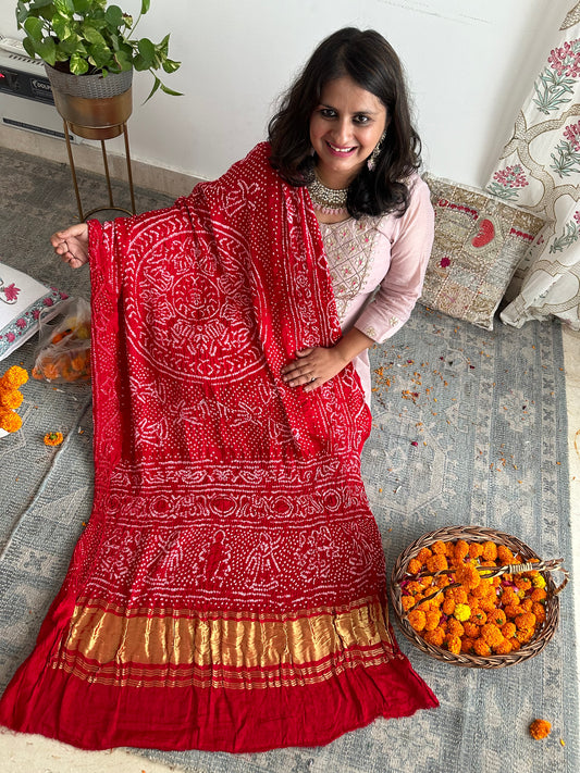 RED CHANDMUKHI RAI BANDHANI GAJJI SILK HANDWOVEN  DUPATTA