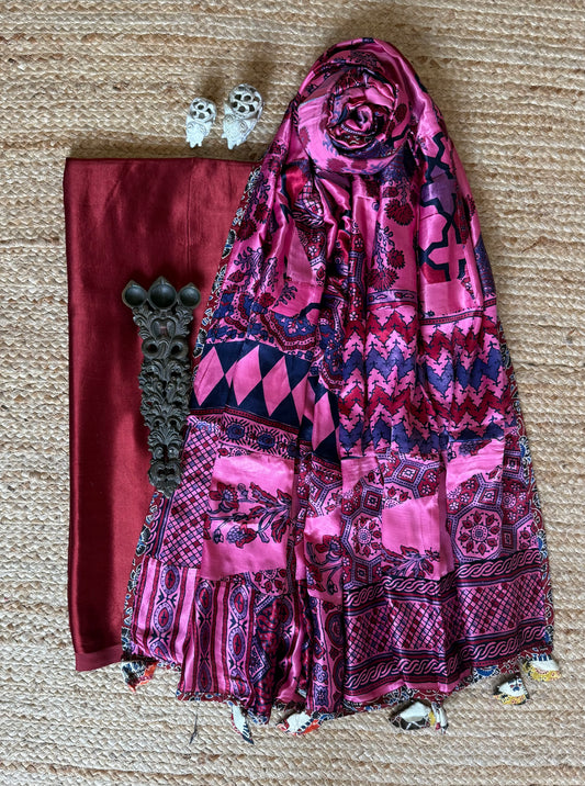 Maroon mashru silk kurta with ajrakh  handcrafted patchwork modal silk dupatta