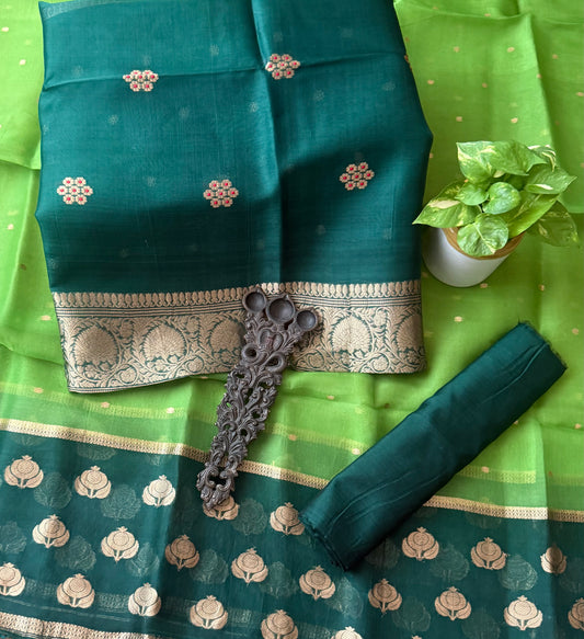 Bottle green kora silk certified handloom banarsi kadwa butti with woven zari three piece suit