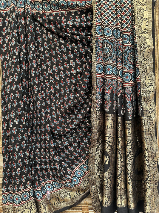 BLACK DOLA  SILK AJRAKH ZARI BORDER SARI