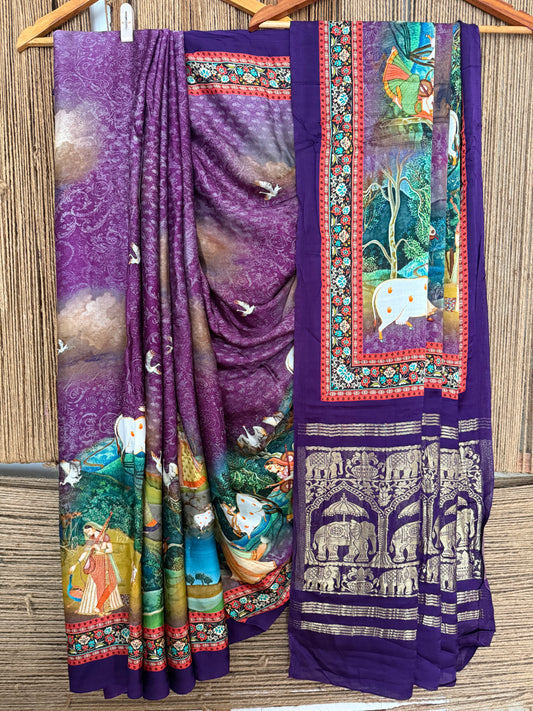 Purple  pichwai  modal silk patola print sari with zari border pms- 1047