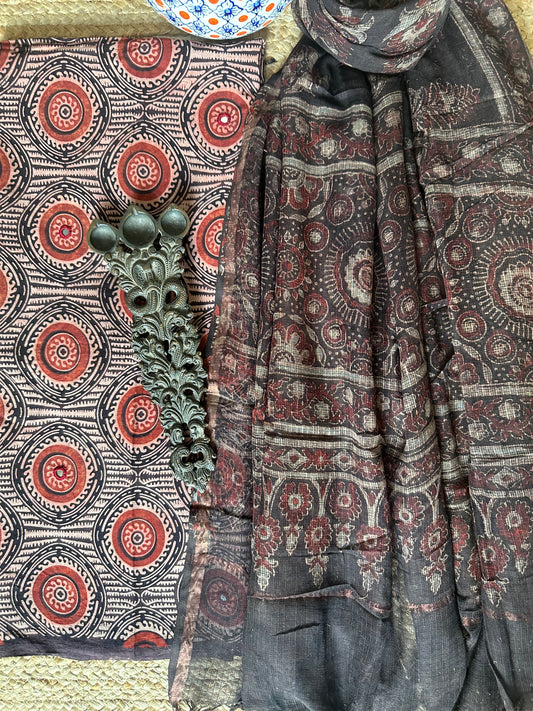 BLACK  AJRAKH HANDBLOCK AND HAND EMBROIDERY KURTA WITH KOTA AJRAKH DUPATTA