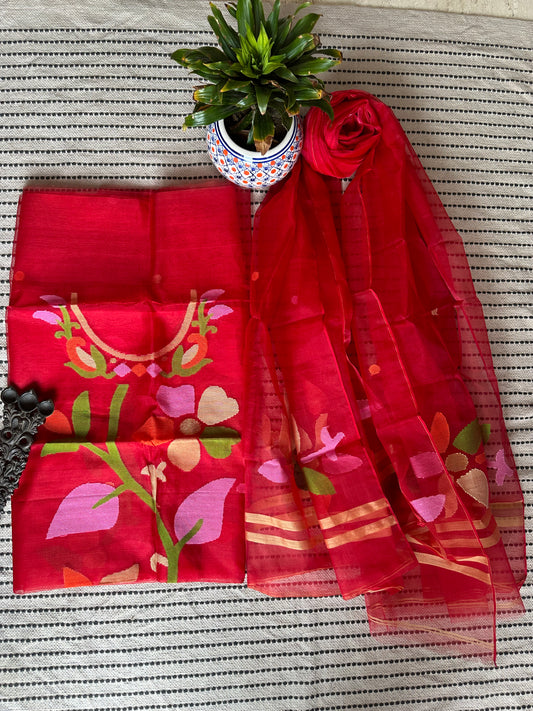 RED  HANDWOVEN PURE MUSLIN SILK KURTA SET