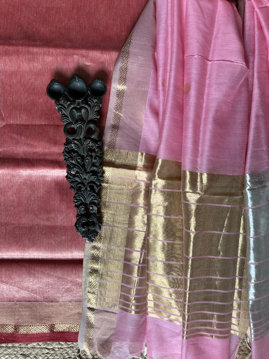 GOLDEN  LIGHT PINK TISSUE  MAHESHARI SILK HANDLOOM KURTA SET