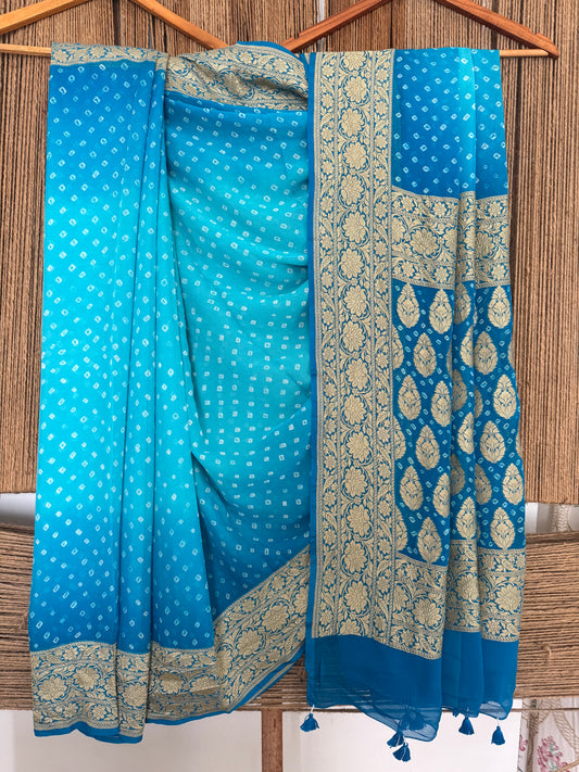 Ocean & Baby Blue Ombré Shade handwoven neem zari bareek bandhani with khaddi georgette Sari