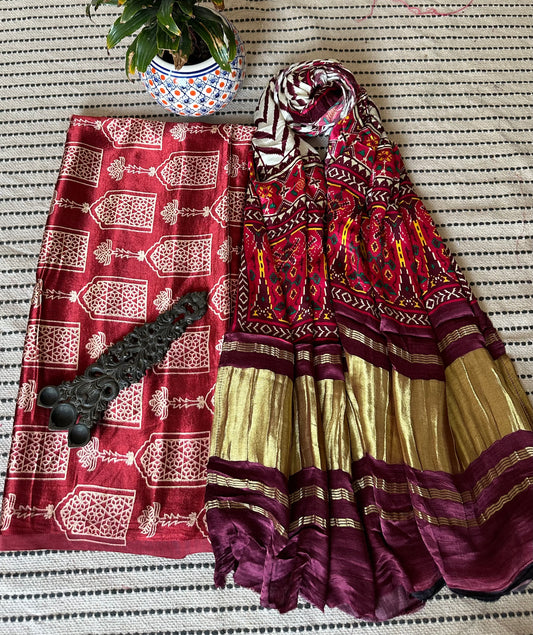 MAROON  MASHRU  SILK KURTA WITH PATOLA PRINT MODAL SILK DUPATTAS