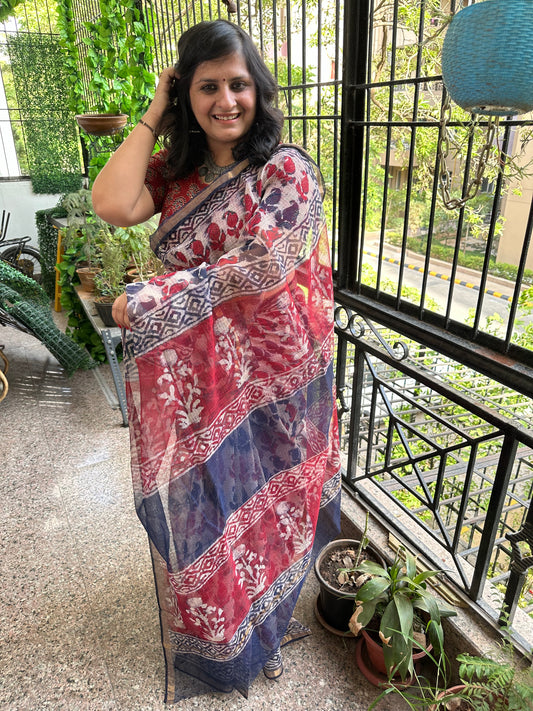 INDIGO MAROON KOTA DORIA HANDBLOCK SARI