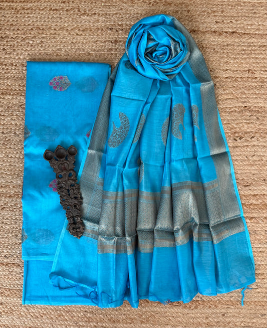Turquoise Blue chanderi handloom  banarsi booti three piece suit